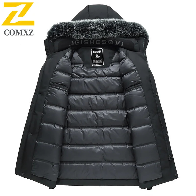 COMXZ Men Long Down Jacket Fur Collar Hooded Outdoor Office Thickened Warm Puffer Coat Casual Travel Lightweight Winter Jackets 251023