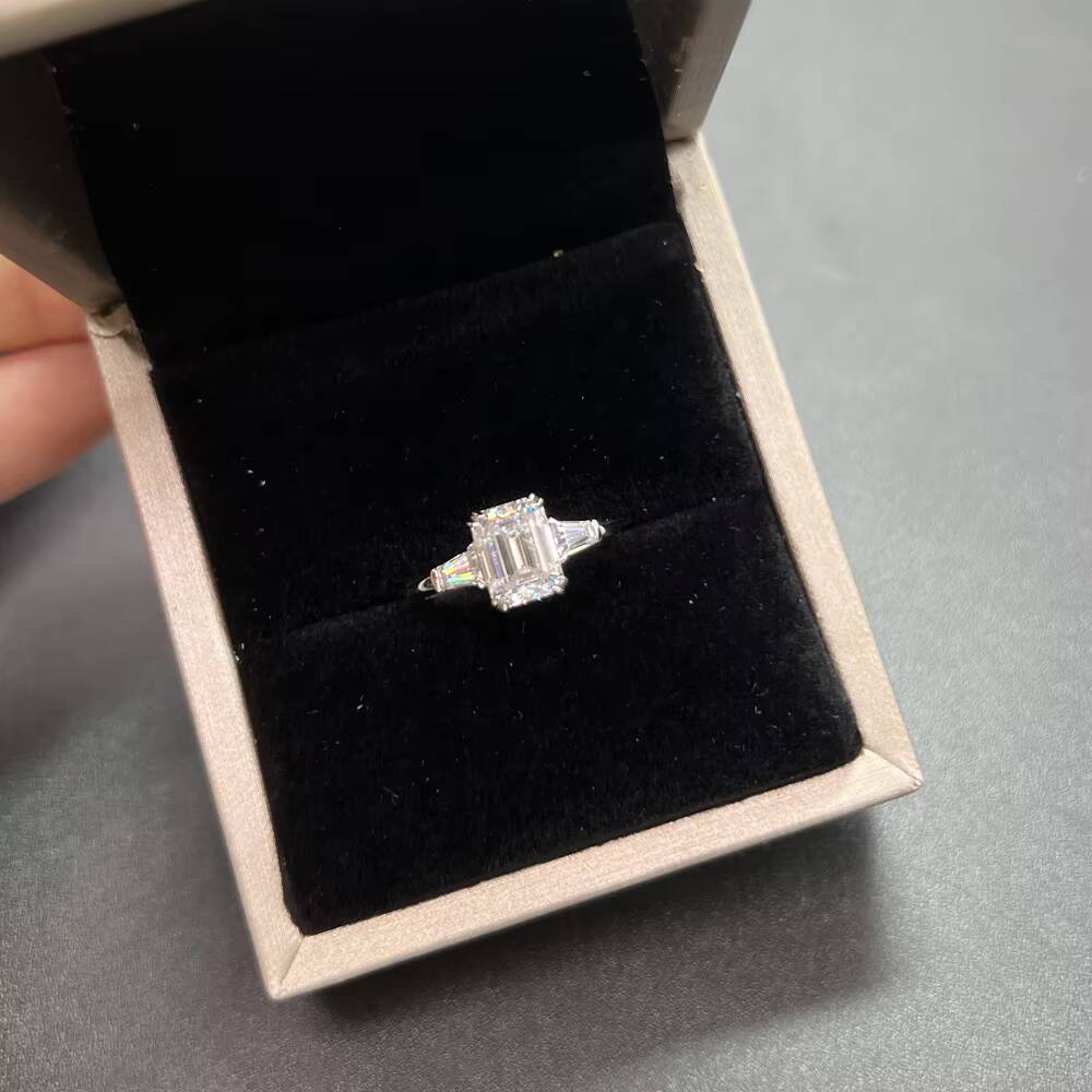 18K Solid White Gold Custom Jewelry Ring with 2CT Emerald Cut Main Stone Elegant Trapezoid Shape Moissanite White Gold Matched
