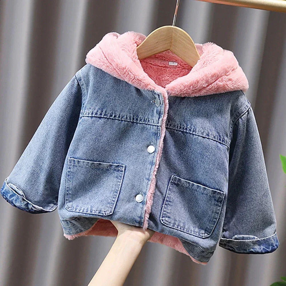 28 YThick Warm Kids Girls Denim Coat Velvet Fur Hooded Jackets Floral Bow n Outerwear 2025 Winter Children Overcoat 251027