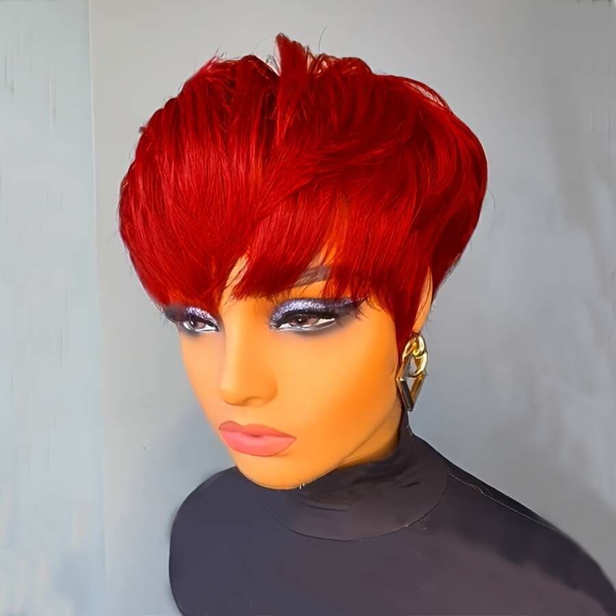 Women's 6-Inch Straight Human Hair Wig With Layered Bangs - Bright Ruby Red Pixie Cut, Density Rose Net Cap, Natural Look For Cosplay & Everyday 