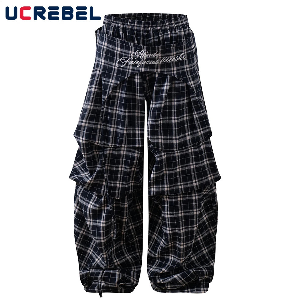Letter Embroidery Plaid Casual Pants Mens Lace up Patchwork High Street Elastic Waist Loose Wide leg Pleated Trousers Men 251027