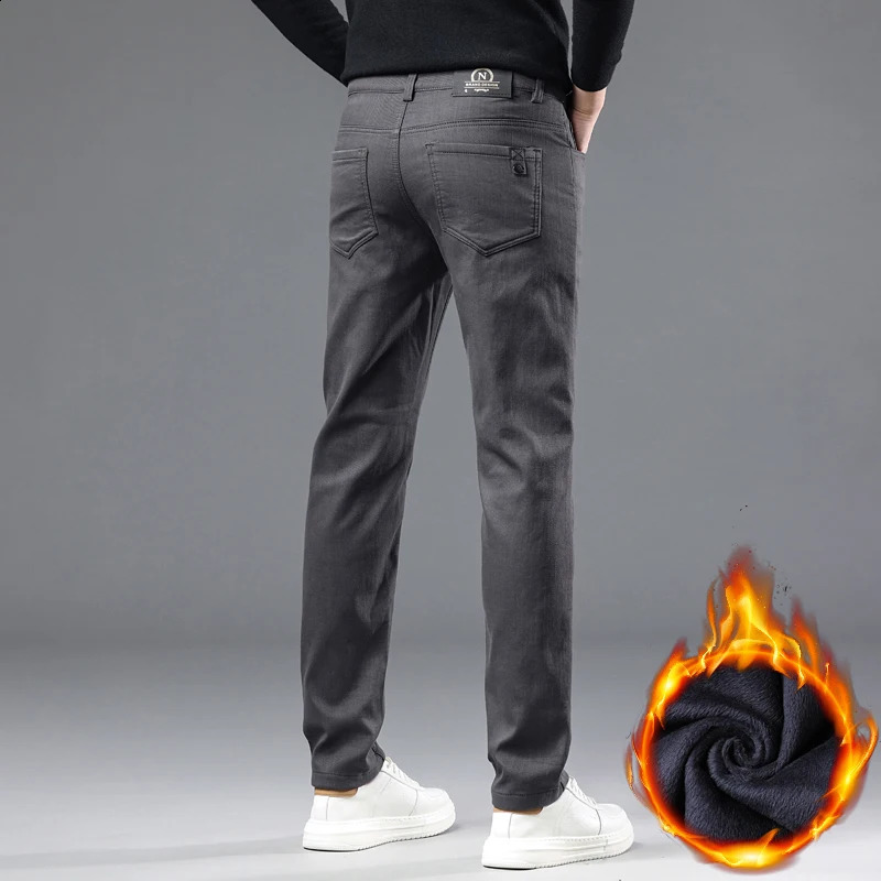 Winter Fleece Pants Mens Thick Slim Elastic Business Casual Velvet Warm Fashion Solid Color Plush Trousers Male 251027