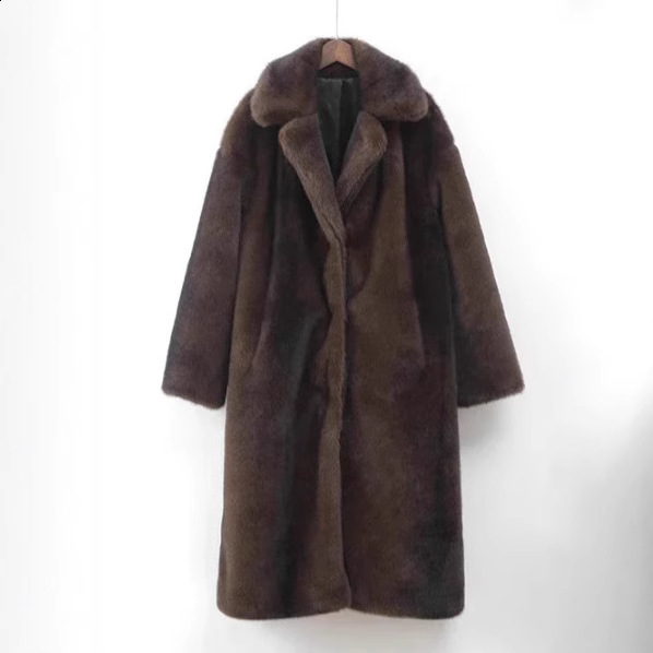Fashion Brown Faux Fur Overcoat Women Lapel Long Sleeve Fluffy Coat 2025 Winter Female Thicken Warm High Street Outwear 250930