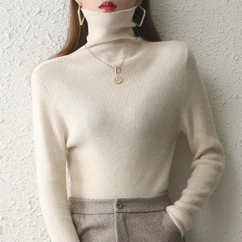 Womens Autumn and Winter 100 Wool Casual Warm Stacked High Neck Wool Loose Thick Underlay Knitted Sweater Top 251027