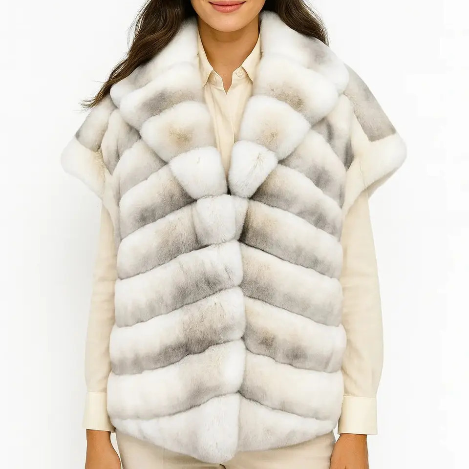 Natural Rex Rabbit Fur Vest for Women Korean Style Gilet Furry Waistcoat Warm Beige Light Brown Color Free Size Winter 251027