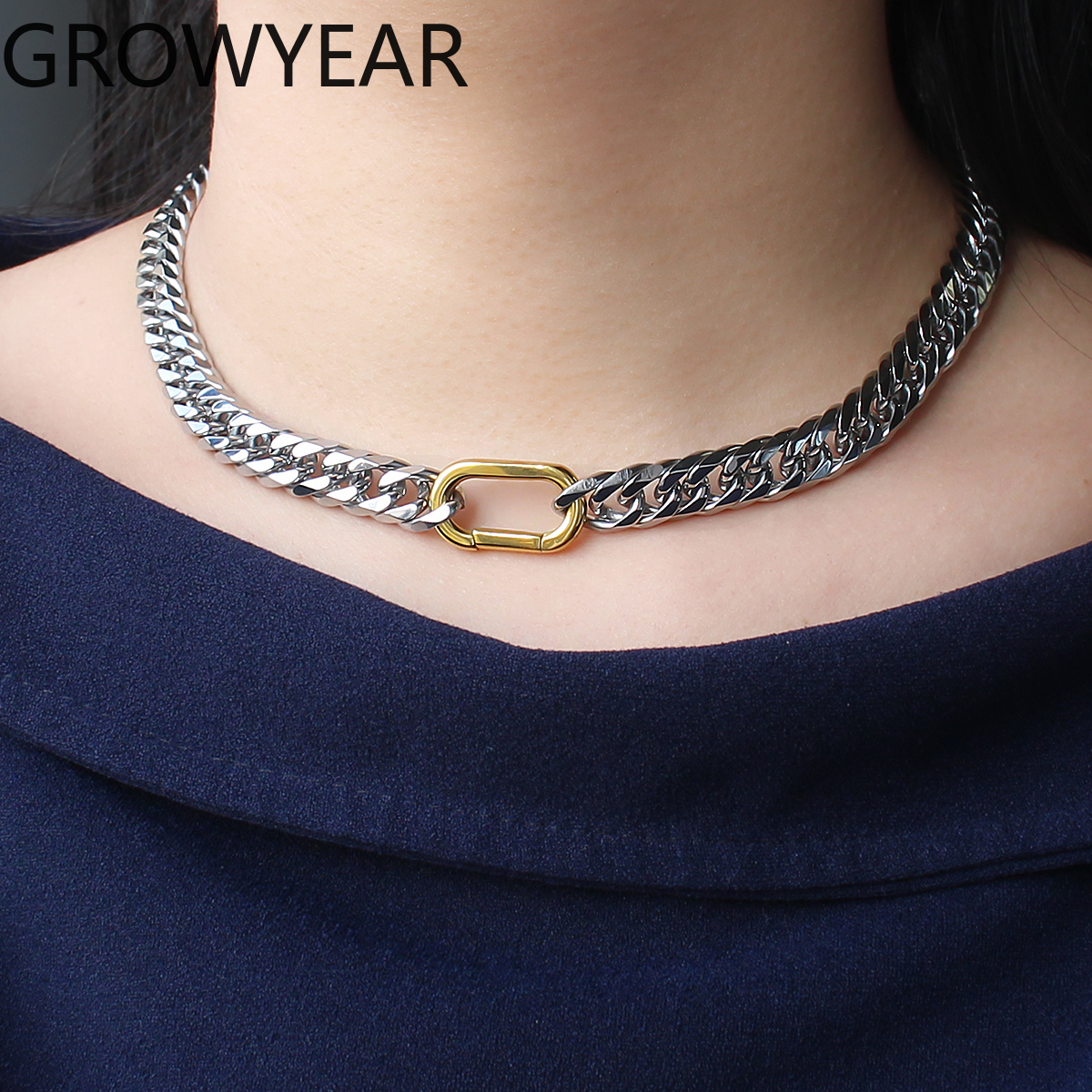 Simple Unisex 18K Gold Plated Climbing Buckle Statement Chunky Chain Climber Two-tone Stainless Steel Necklace