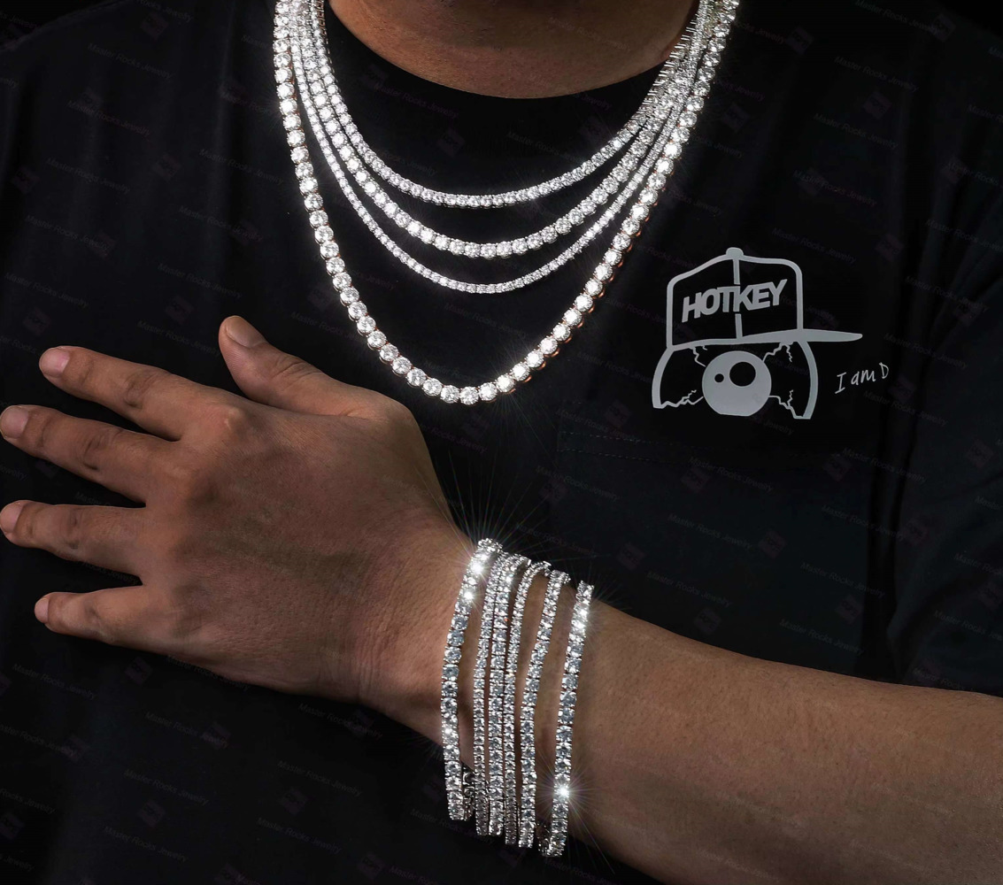 Pass Diamond Tester with GRA 925 Silver Ice Out Moissanite Tennis Necklace Vvs D Color Moissanite Tennis Chain for Men