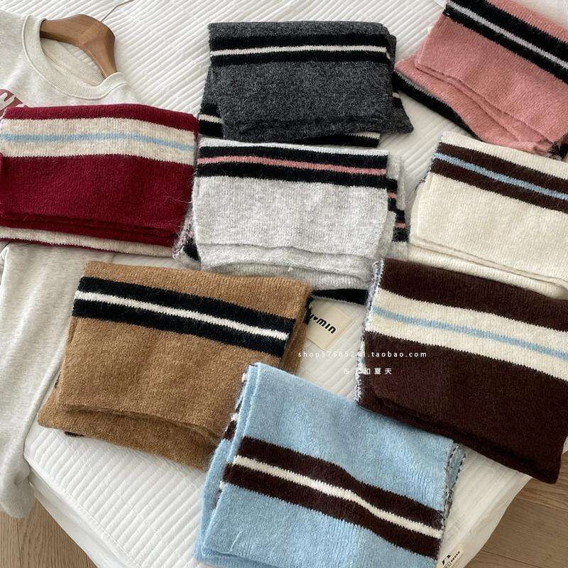 Korean Boutique Same Color-Block College Style Striped Scarf Women Soft Warm Woolen Neck Warmer with Wool for Winter