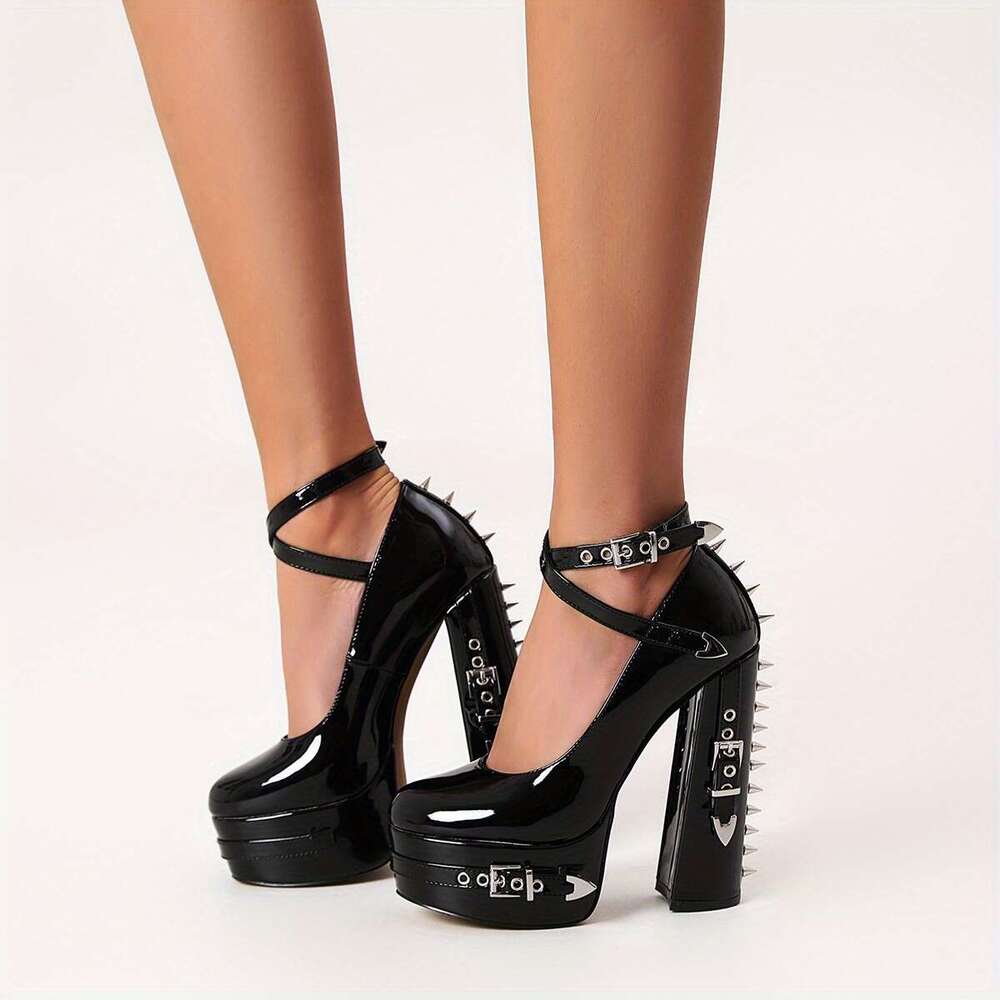 Women's Black Chunky Heel Platform Shoes With Rivet Detailing - High Quality Synthetic Cover Round Toe Pumps, All-Season Comfort For Casual & For