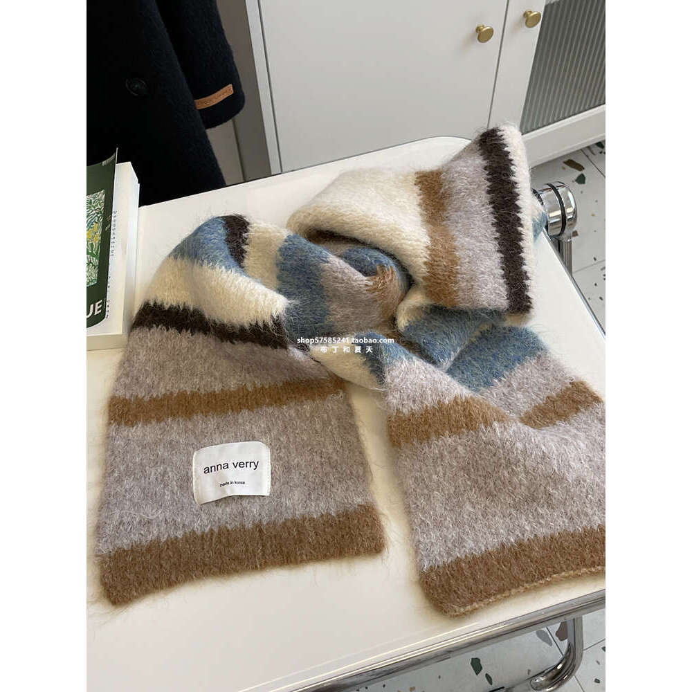 Mohair Scarf Peach Pink Striped Color Block Thickened Warm Autumn Winter Korean New Style Student Unisex