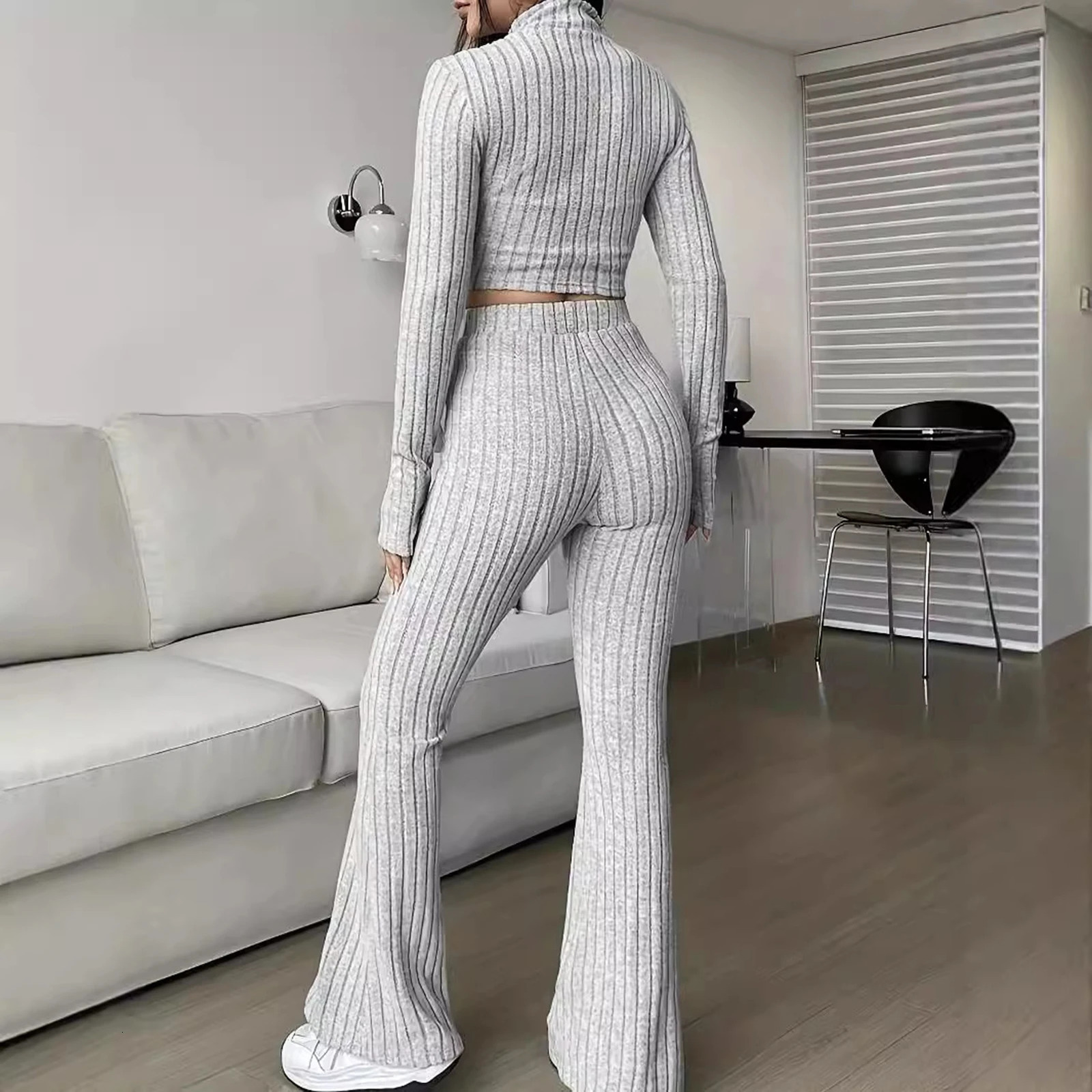Fashion Solid Color Ribbed Twopiece Zipper Long Sleeved Short Top and High Waisted Flared Pants Set for Womens Casual Wear 251027