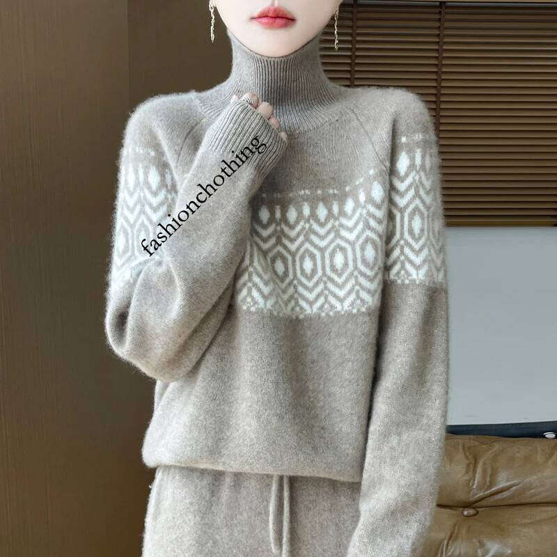 New Autumn/Winter 100% Merino Wool Sweater Casual Loose High Collar Pullover Fashion Korean Jacquard Women's Top