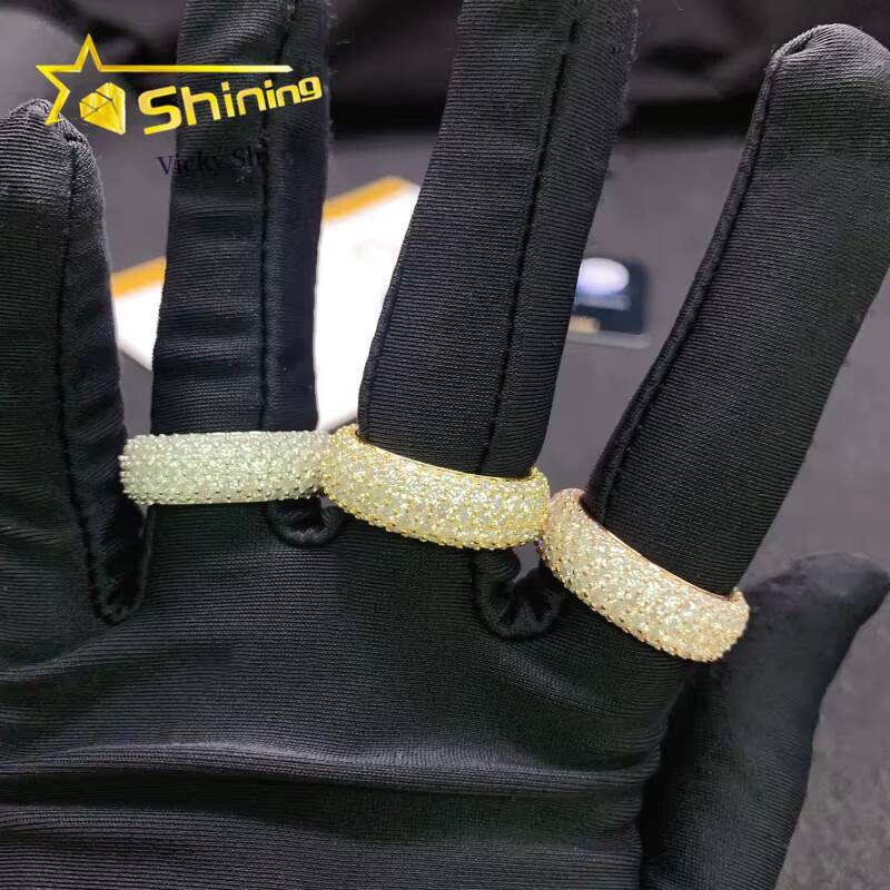 Shining Full of Diamond 5 Rows Moissanite Diamond Ring Men 925 Sterling Silver Gold Plated Hip Hop Ring Finger Rings