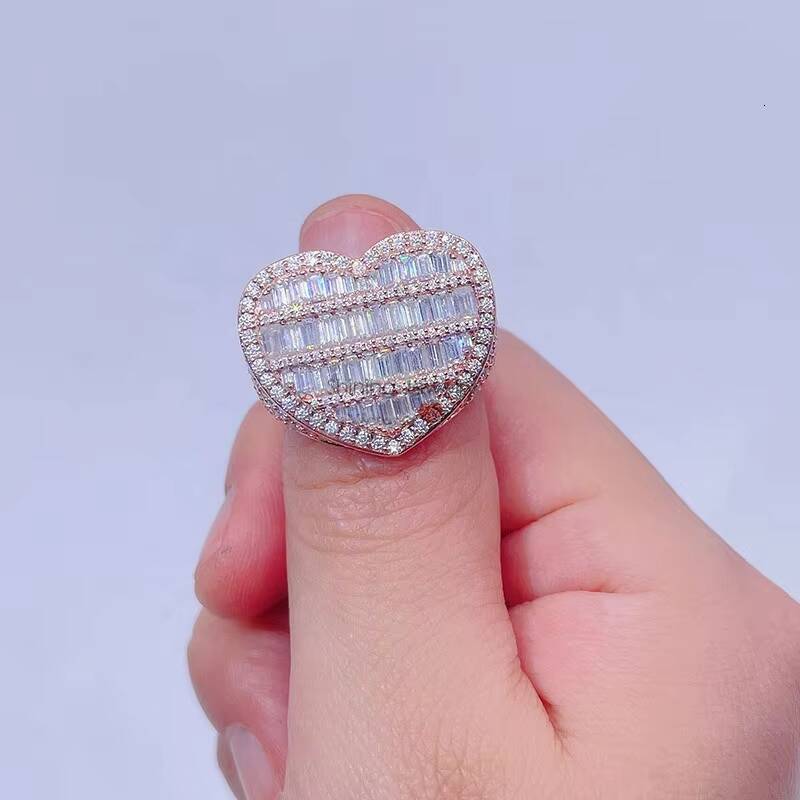 Fully Iced Out with baguette Moissanite Heart Pentagon Shaped Silver Hip Hop Rings