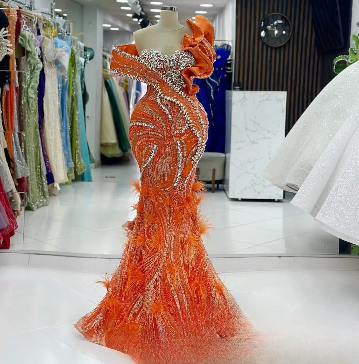 Aso Ebi 2026 Orange Mermaid Prom Dresses Rhinestones Feather Sequined Lace Evening Formal Party Second Reception Birthday Gowns Dress For Special Occa