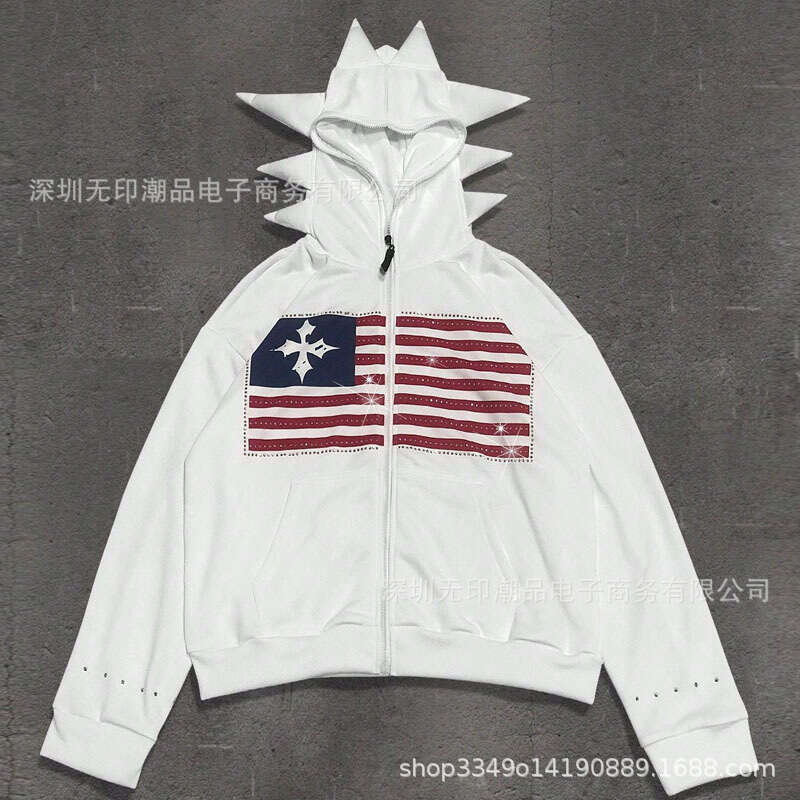 Parody Style Street Hip-Hop Quirky Unique Hoodie with Rhinestones Rivets Zipper Cardigan Sweatshirt for Autumn and Winter