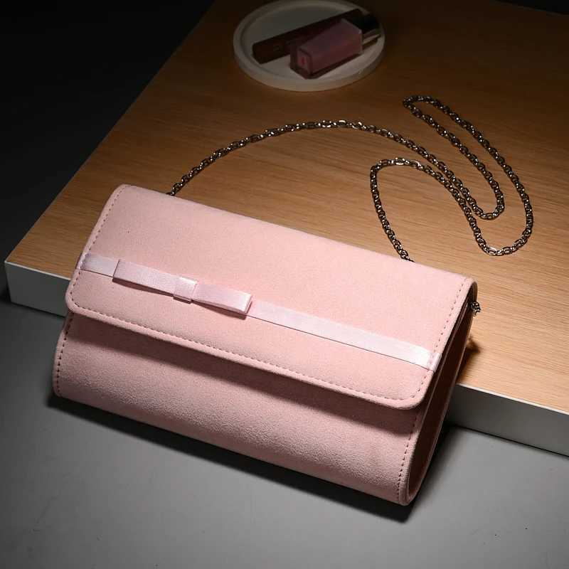 Fashion Solid Color Flannelette Hand Evening Dress Bag with Bow Decorated Banquet Gift Chain Shoulder Crossbody Bag H251027