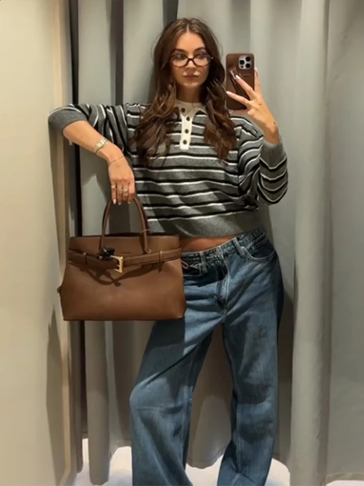 Polo Collar Striped Pullover Sweater Loose Long Sleeve 2025 Autumn Daily Cozy Women Knit Top Trendy Chic Casual Lady Knitwear 251027