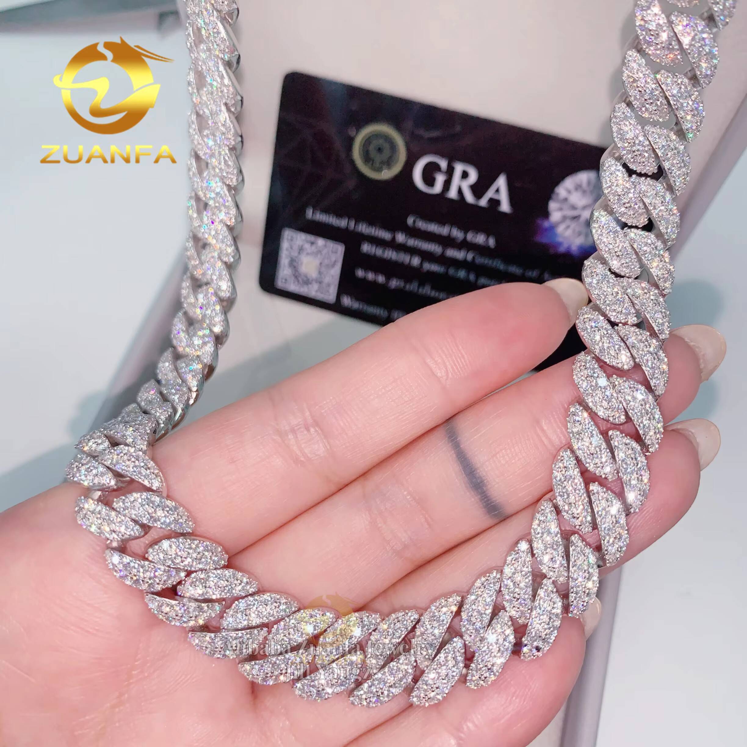 Two Row 12mm Moissanite Chain Cuban Links New Moon Soldier Chain Iced Out Necklace 925 Silver Cuban Link Chain Necklace