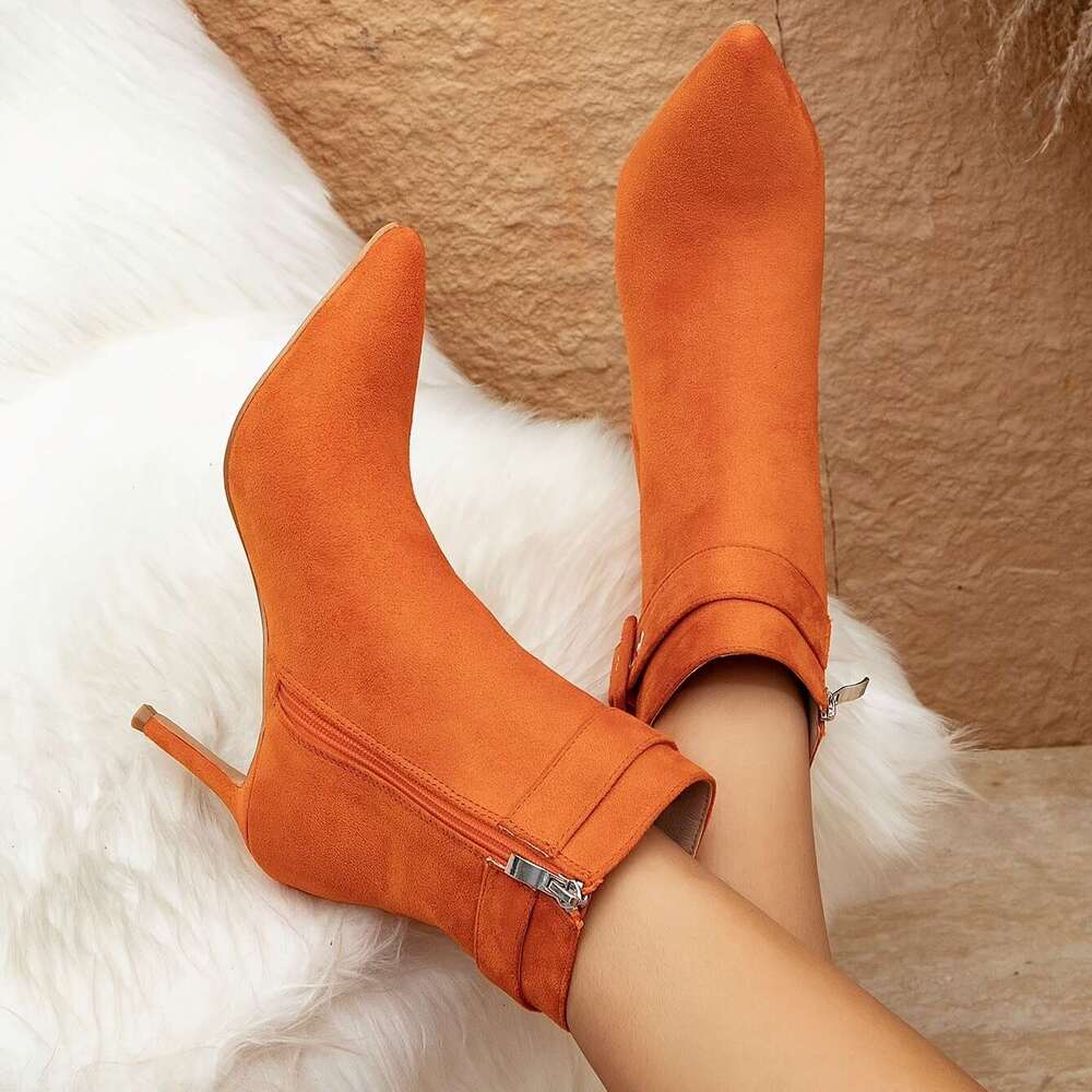Women's Vibrant Orange Pointed Toe High-Heel Ankle Boots With Buckle Strap Zipper Closure Synthetic Cover Upper, Sturdy Rubber Sole, Net Lining E
