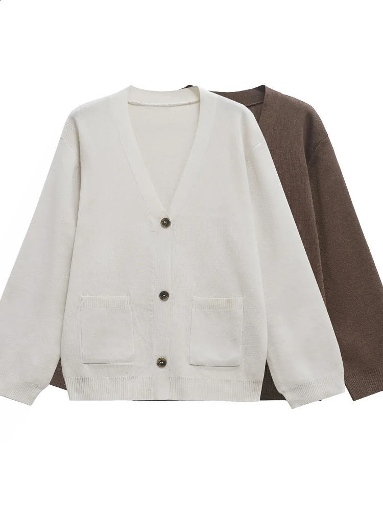 Autumn Womens Cropped Cardigans Vneck Knitted Sweater Coat Long Sleeve With Pocket Casual Streetwear 2025 Outwear Fashion 251015