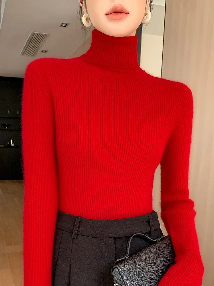 Womens High Neck Knitted Sweater Korean Version Slim Long Sleeve Solid Simple Basic Style Knit Pullover Top Autumn 251027