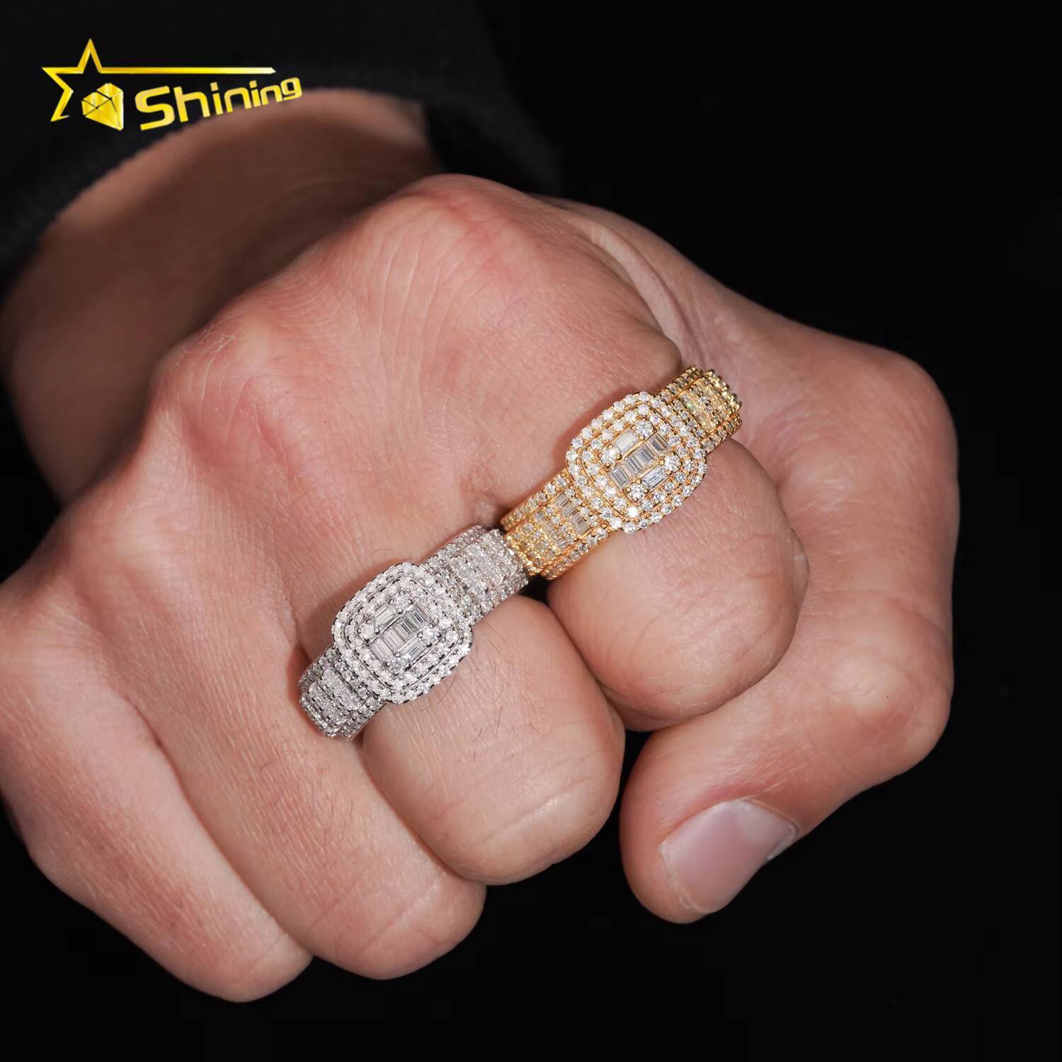 Factory Price GRA Certificate High Quality Solid 925 Silver Gold Plated Fine Jewelry Iced Out Hip Hop Ring Moissanite Men Rings