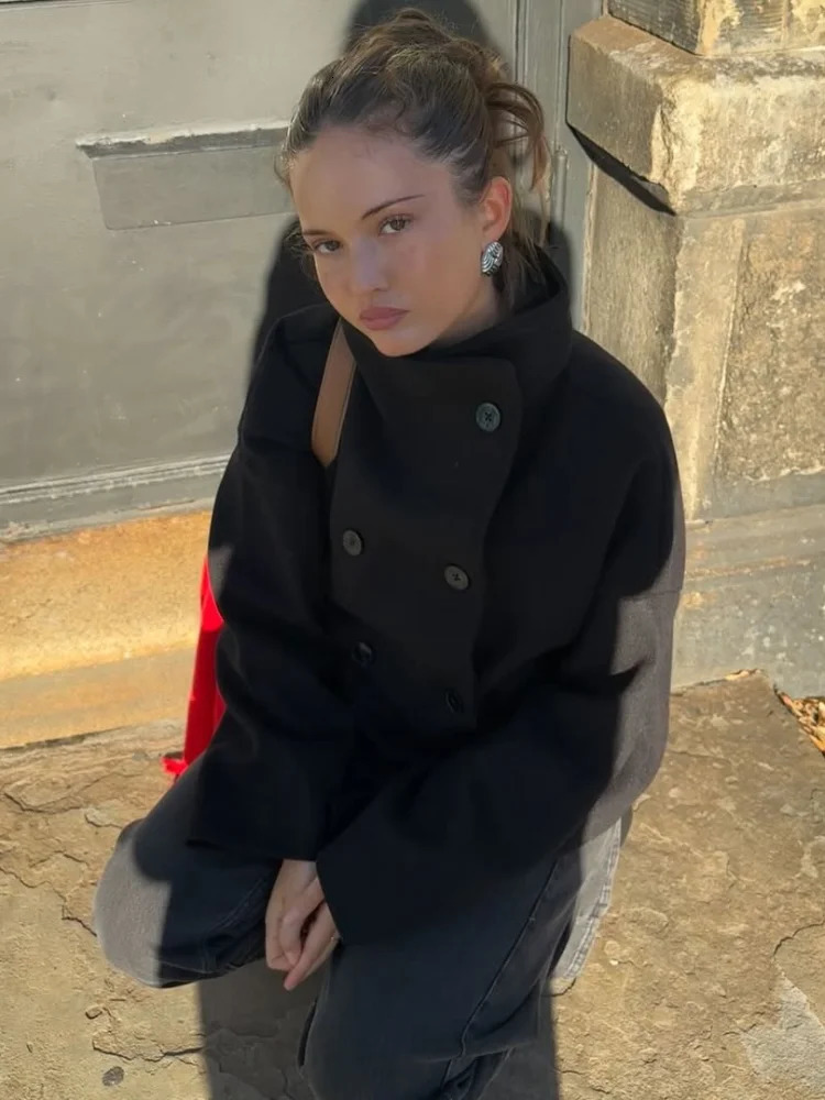 Street Solid Loose Womens Short Overcoat Stand Collar Long Sleeve Double Breasted Woolen Coat Fashion Allmatch Ladies Tops 251028