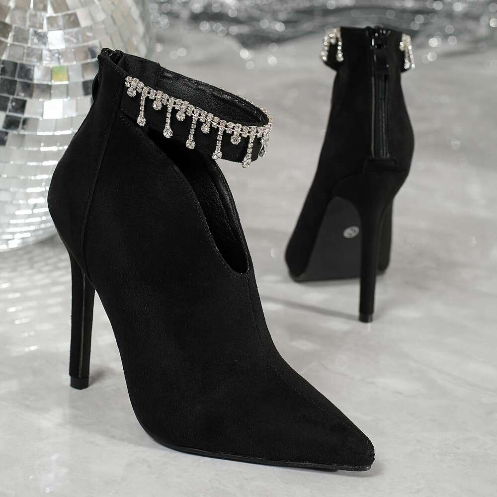 923-89 Zipper Chain Decorative Pointed Toe 4.33Inch Sexy Slim Ultra-High Heel Fashion Ankle Boots Nude 35-42