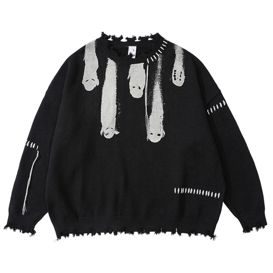 Hip Hop Sweaters Streetwear Y2K Grunge Ripped Ghost Print Punk Gothic Knitted Jumpers Autumn Harajuku Casual Pullover Sweaters 251023