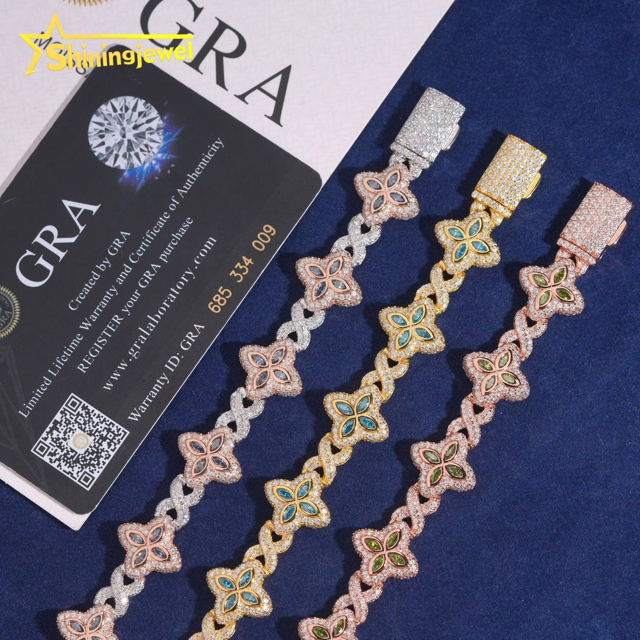 15mm Marquise Cut Color Moisasnite Cuban Bracelet 925 Silver Moissanite Diamond Bracelet Hip Hop Jewelry