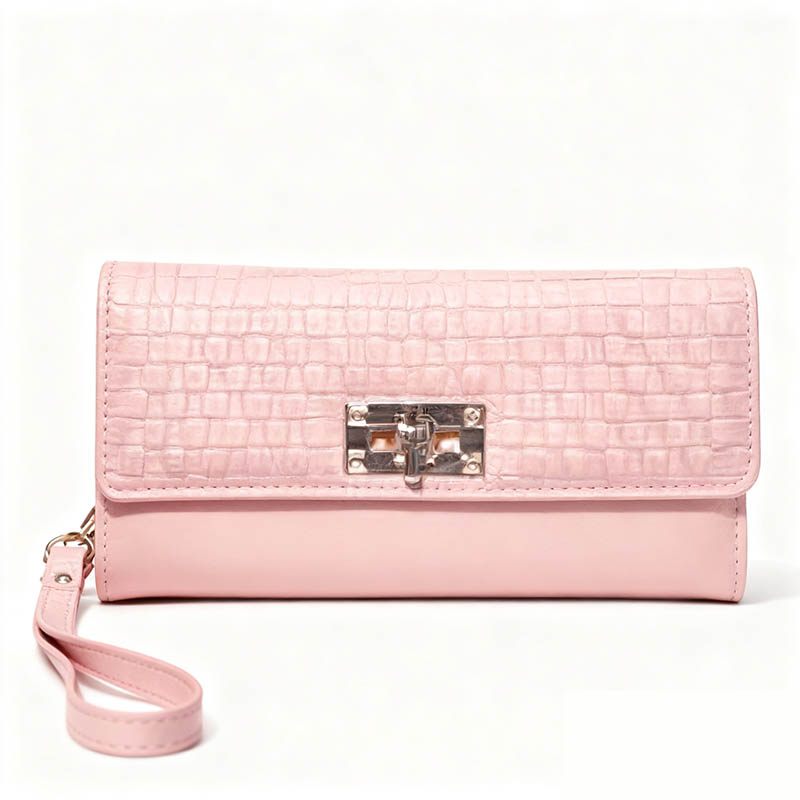 Wallets Women's Pink Woven Leather Clutch Wallet with Wristlet Strap - Gold Lock Accent, Textured Design, Large Capacity Purse for Daily & Party 