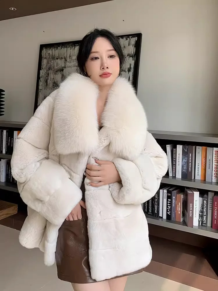 Womens Long Rex Rabbit Fur Coat Natural Full Pelt Jacket with Real Fox Fur Collar Fashionable Winter Outerwear 251027