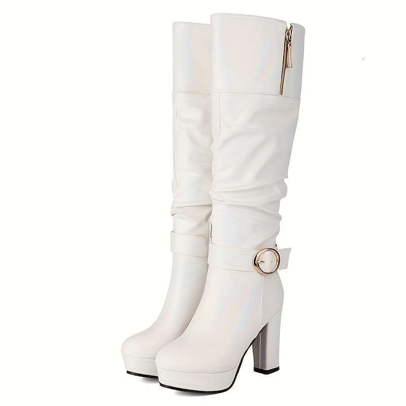 Women's Extra Leg Fitting Over-The-Knee OTK Zipper Closure, Thick Platform Chunky Heel, Golden Buckle Accent Pink/Black/White/Gray/Navy - Dress S