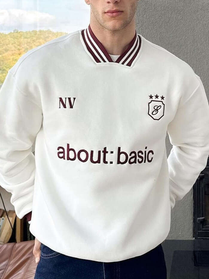 Simple Autumn Casual Style V-Neck Pullover Top with 3D Letter Embroidery and Striped Pattern