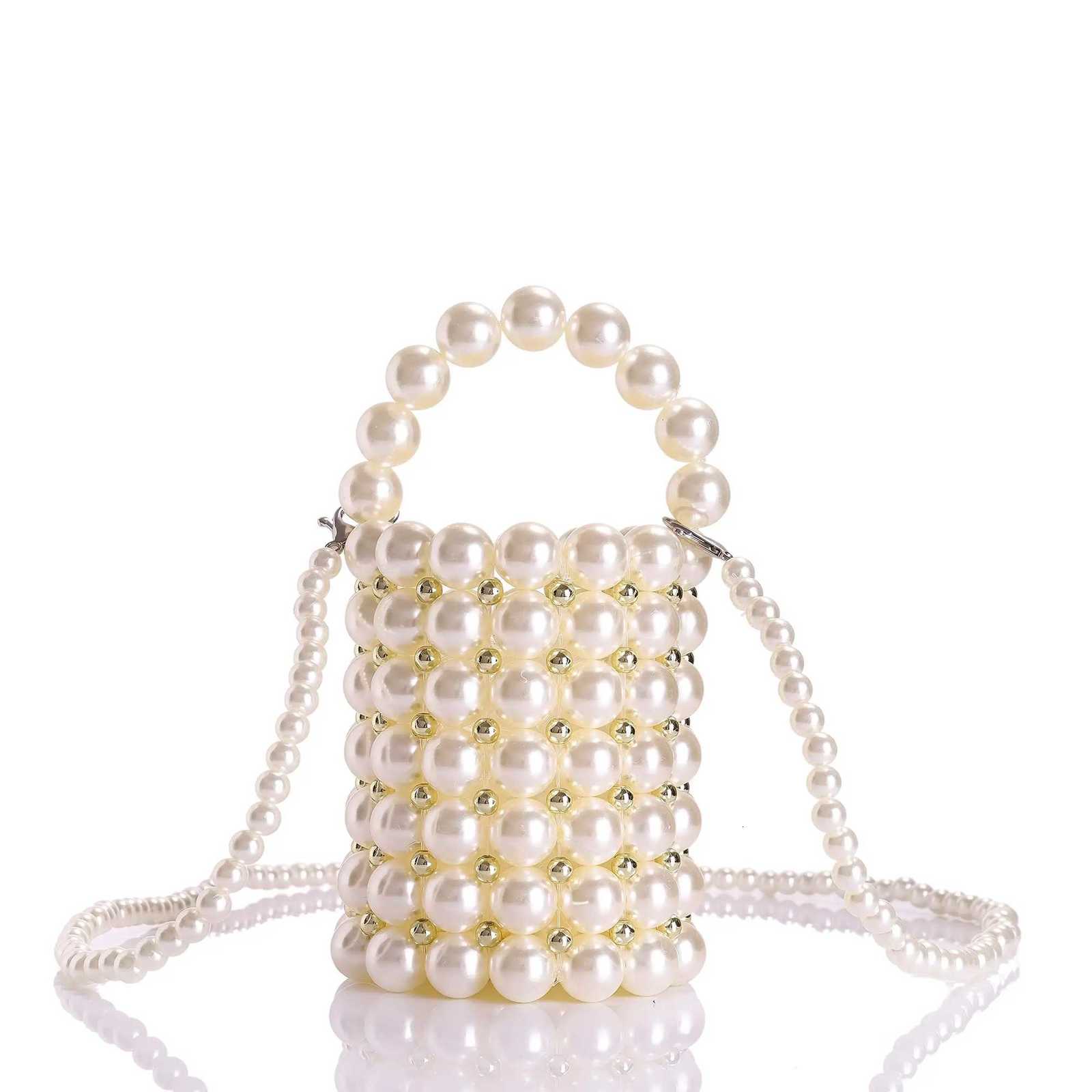Elegant Womens Handbag with Detachable Pearl Chain Shoulder Strap Handmade Bucket Bag for Dinner Party Evening Gown H251027