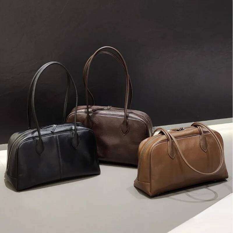 Designer Bags Vegetable Tanned Cowhide Briefcase Retro Premium Minimalist Boston Large Capacity Leather Versatile Underarm Women's Bag Hot Sellin