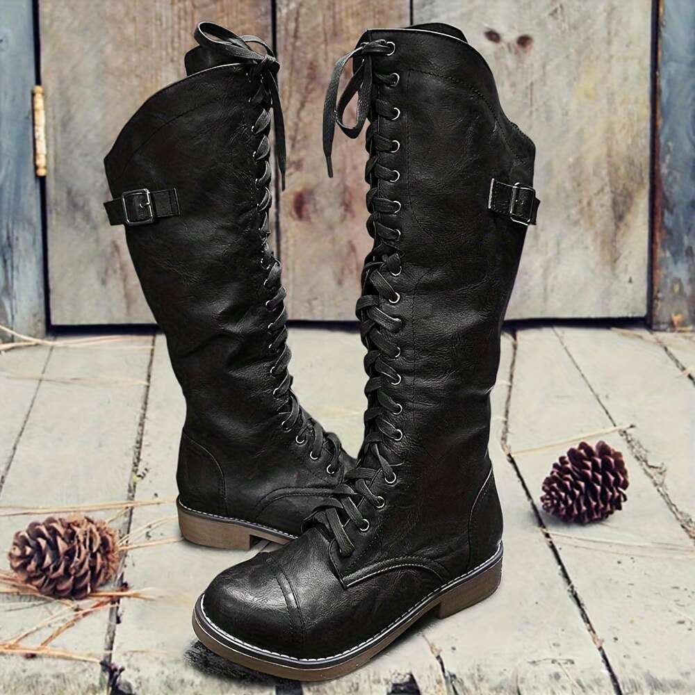 Women's Knee-High Slouch Lace-Up Opening, Low Heel Round Toe Faux Cover All-Season Zipper Closure Cushioned Insole Red/Black/Brown Western Dress,