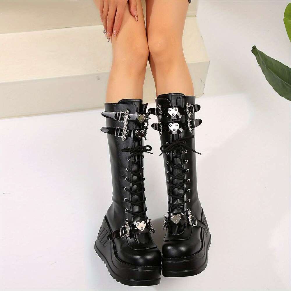 Women's Chunky Platform Boots Mid-Heel Anklet-Like Chains, Faux Cover Upper With Cushioned EVA Sole All-Day Comfort For Parties, Everyday & Forma