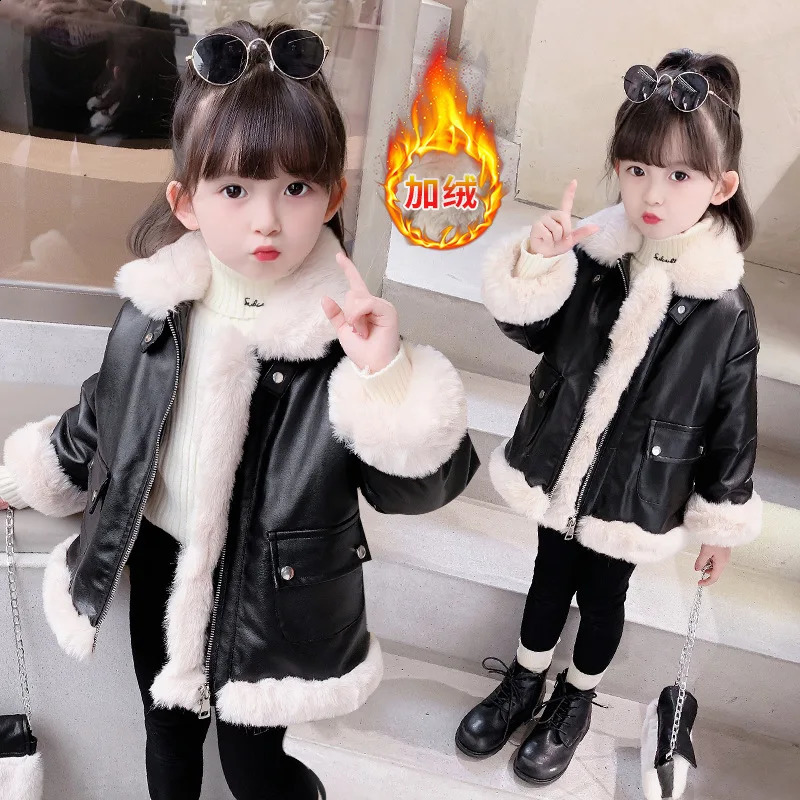 Girls Coat Jacket CottonOutwear Overcoat 2025 PU Warm Thicken Plus Velvet Winter Autumn Teenager Childrens Clothing 251027