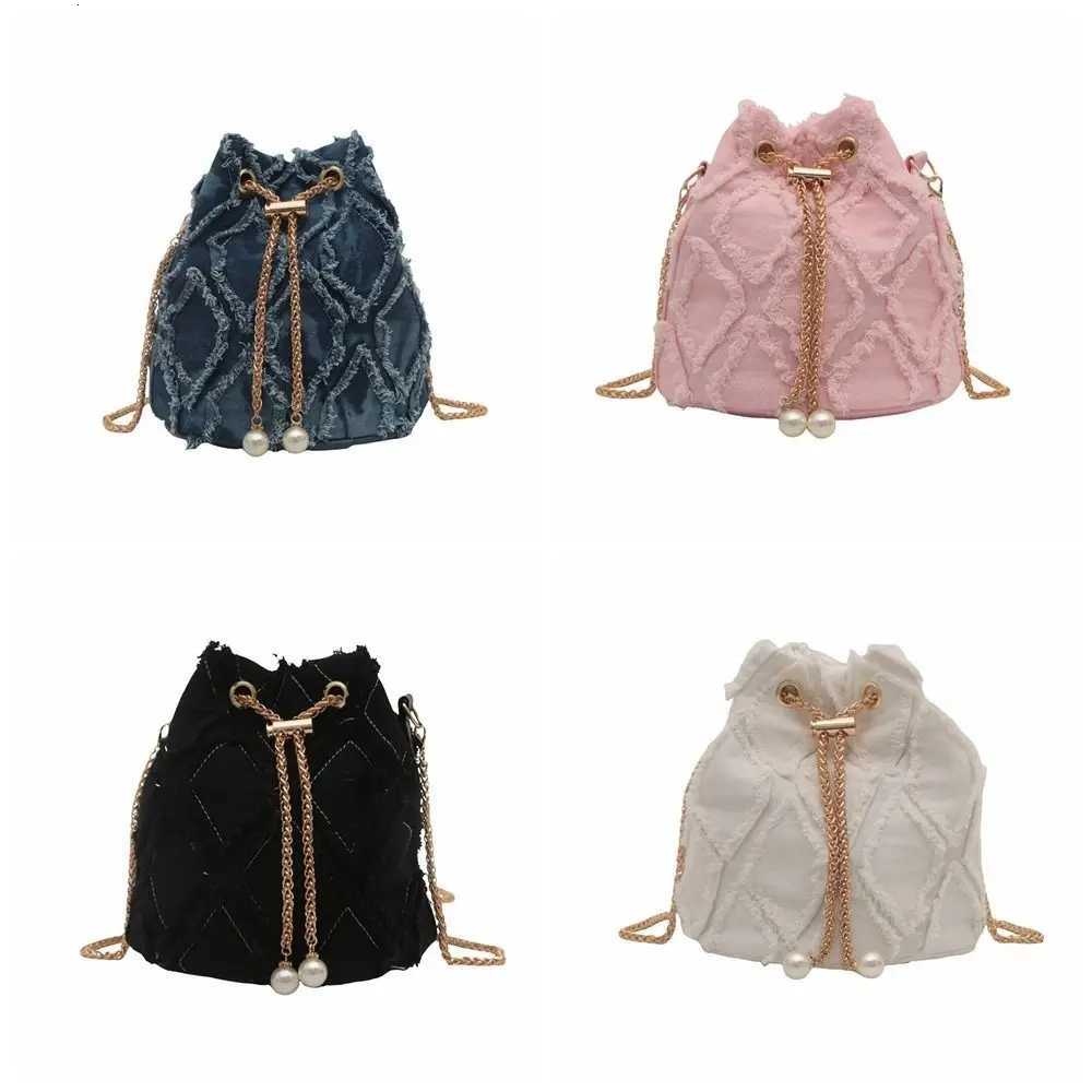 Portable Pearl Denim Bucket Bag Chain Small Purse Tassel Denim Crossbody Bag Korean Style Handbag Cloth Shoulder Bag PartyW251028