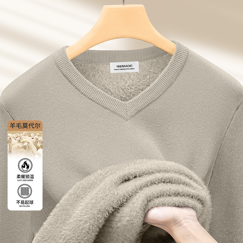 Autumn Winter Wool Modal One-piece Fleece V-neck Sweater Men's Warm Designer Sweater Thickened Knitted Base Shirt