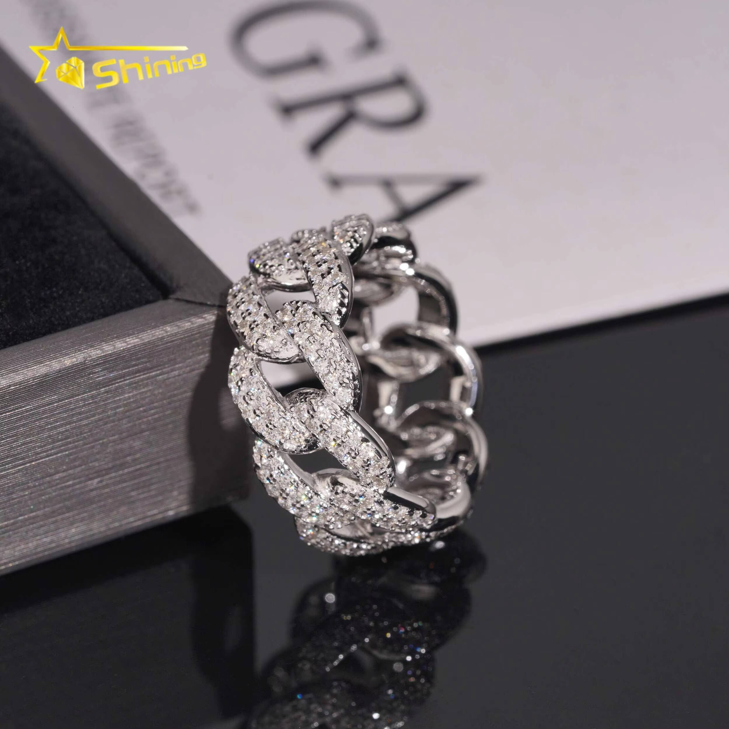 New Iced Out 925 Silver VVS Moissanite Cuban Link Ring Hip Hop Jewelry Custom Moissanite Engagement Ring for Men