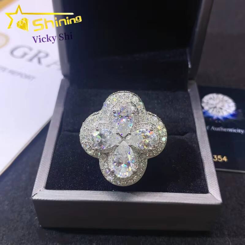 Fashion Luxury Rapper Hip Hop Rings 925 Sterling Silver Iced Out Clover Moissanite Diamond Ring Fine Jewelry