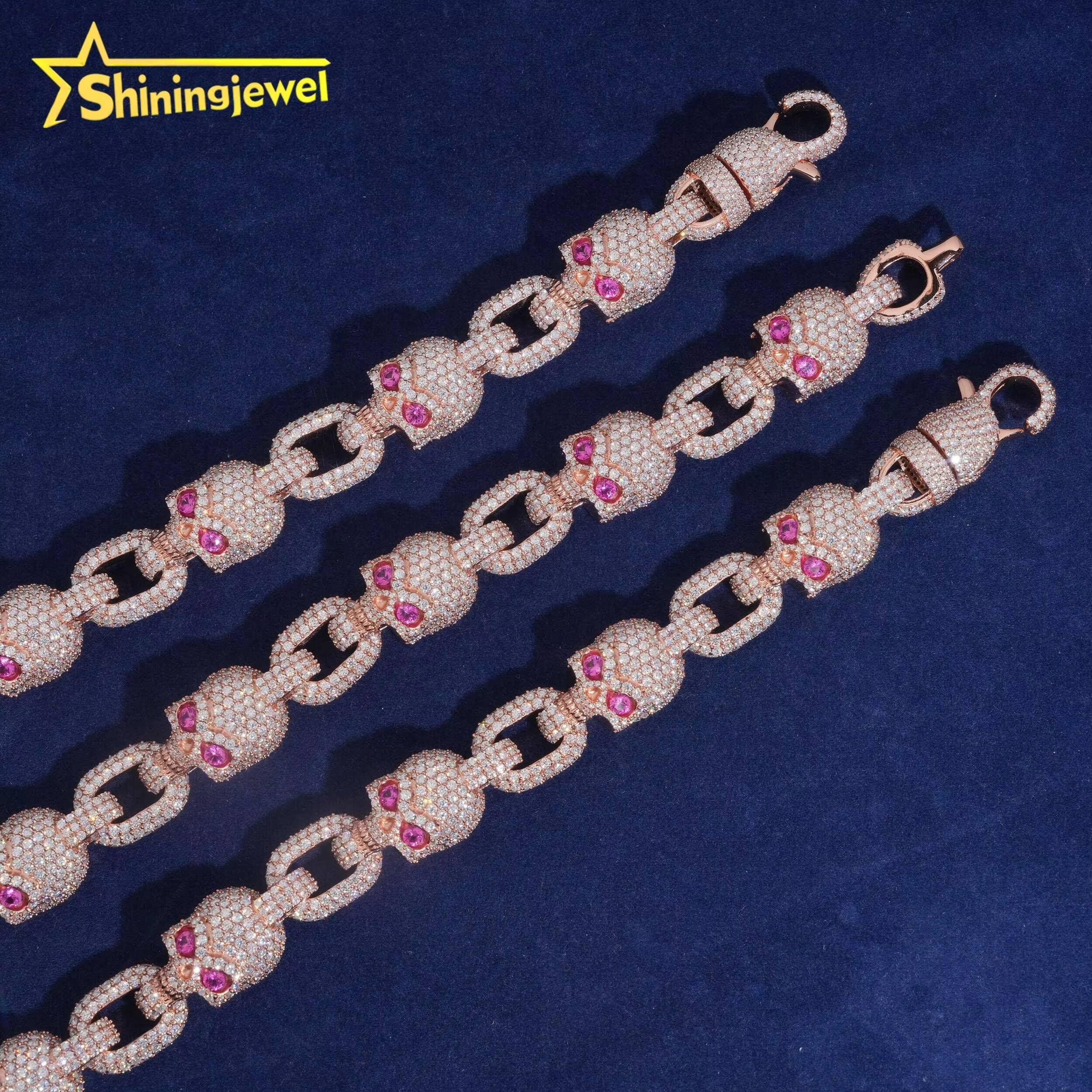 Fine Jewelry Iced Out 925 Silver Rose Gold Pink Skull Chain Hip Hop VVS Moissanite Necklace