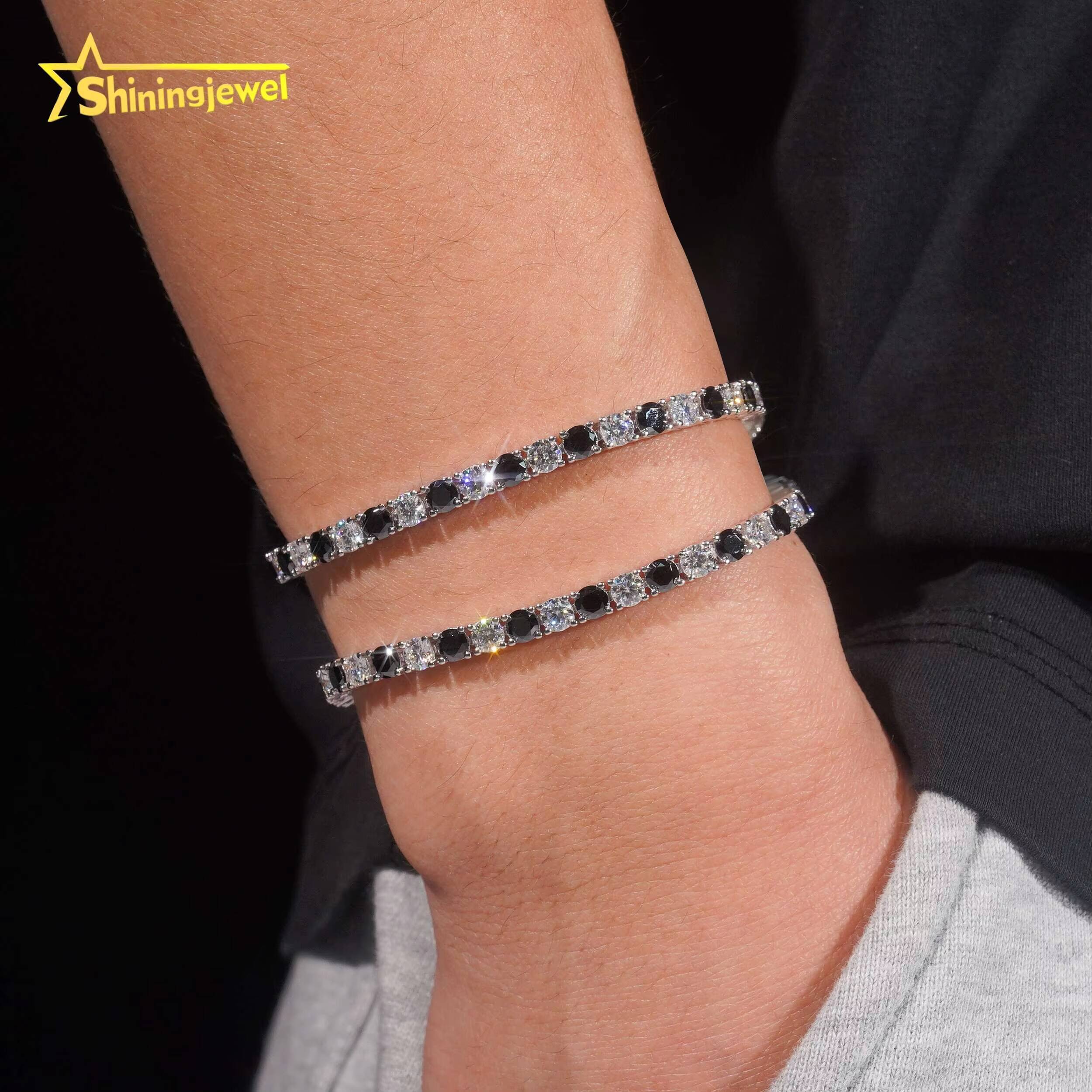 Iced Out Jewelry 4MM Black and White Moissanite Diamond Tennis Bracelet 925 Silver Hip Hop Tennis Bracelet