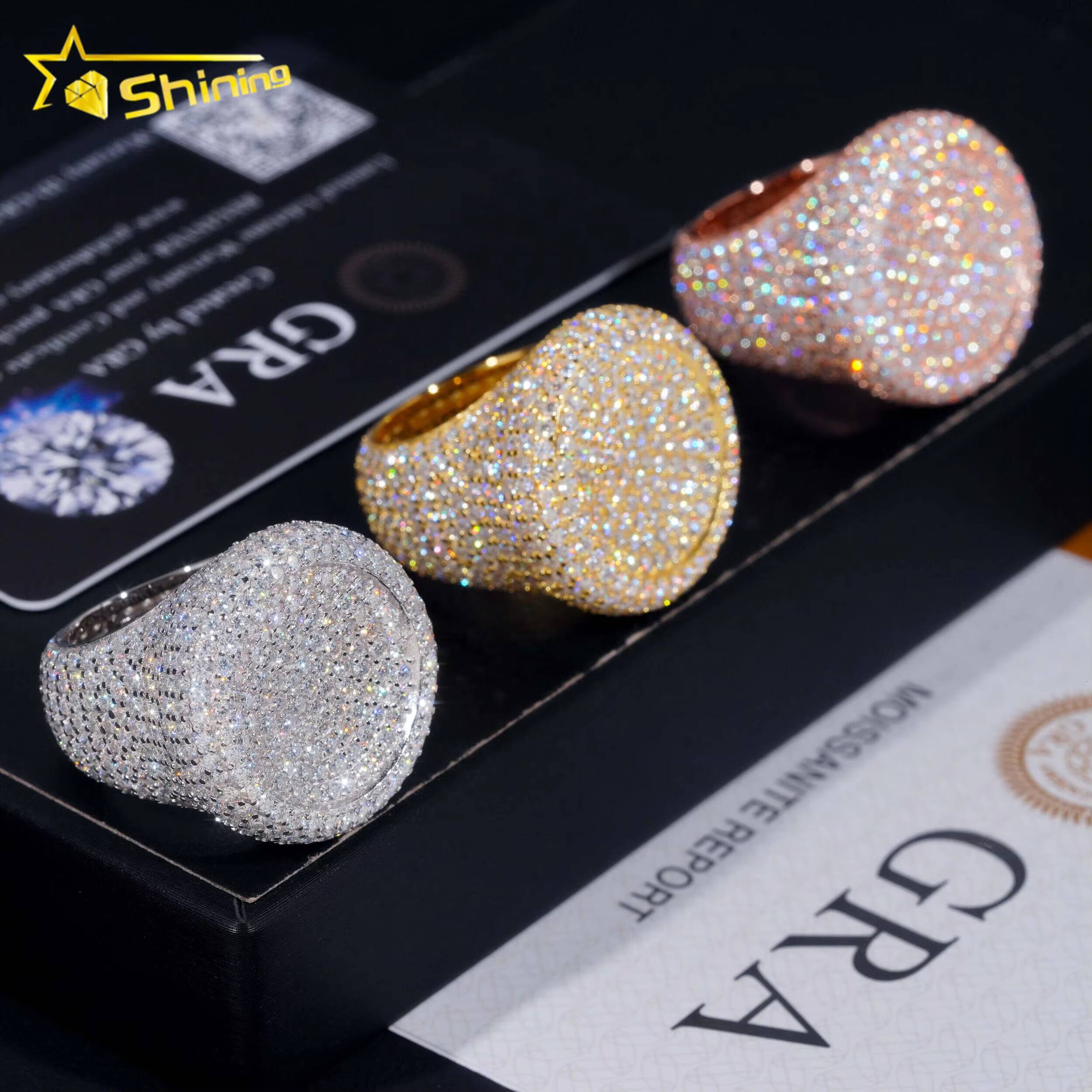 Stock Pass Diamond Tester Hip Hop Jewelry 925 Silver Fully Iced Bubble Edge Round Diamond Moissanite Men Ring Pinky Ring