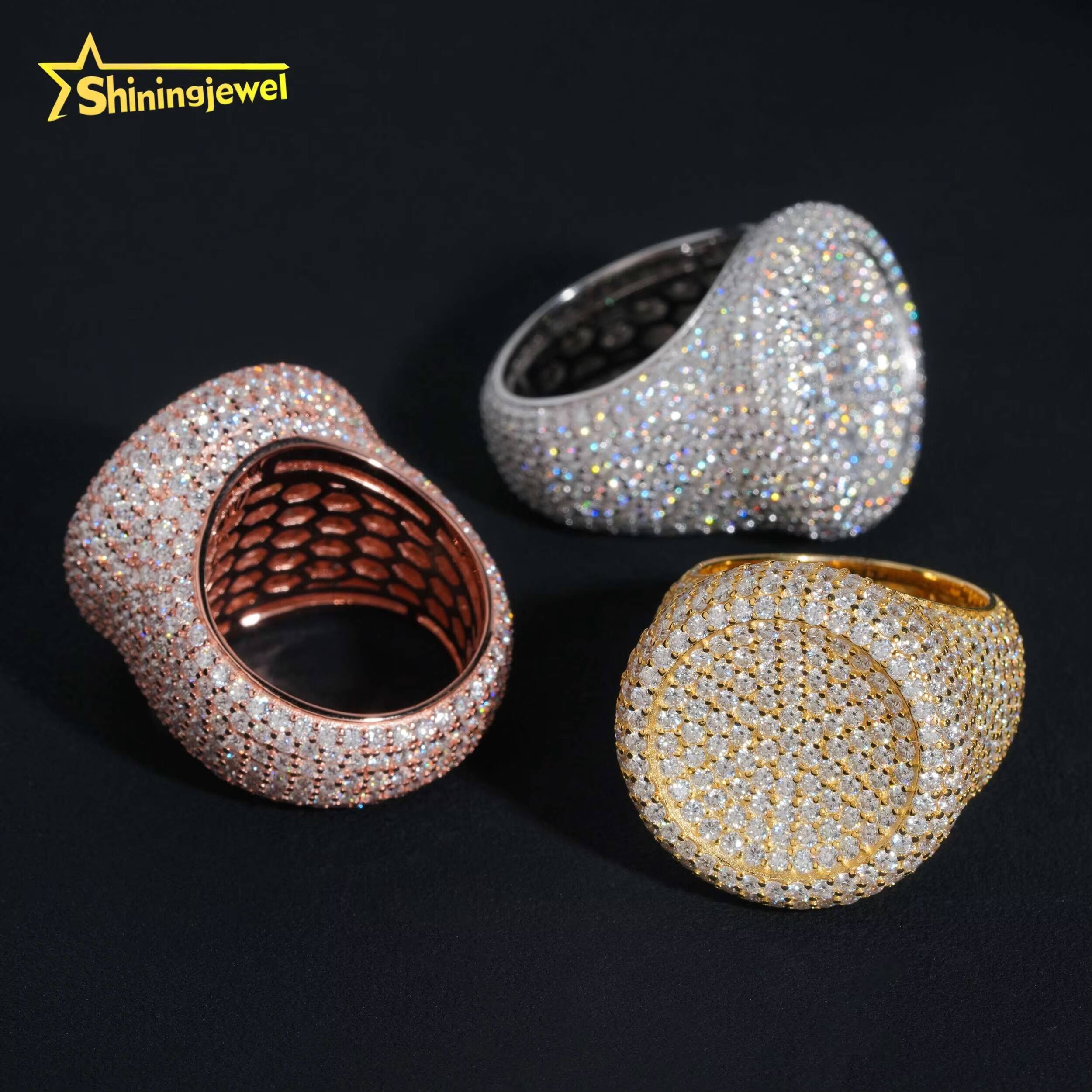 Hot Sale Round Shape Moissanite VVS Pass Diamond Test 925 Sliver Gold Plated Mens Moissanite Diamond Hip Hop Iced Out Rings