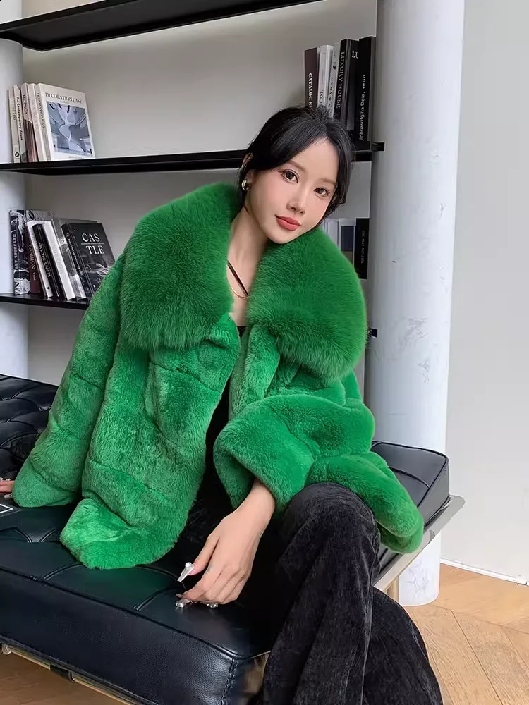 Womens Long Rex Rabbit Fur Coat Natural Full Pelt Jacket with Real Fox Fur Collar Fashionable Winter Outerwear 251027
