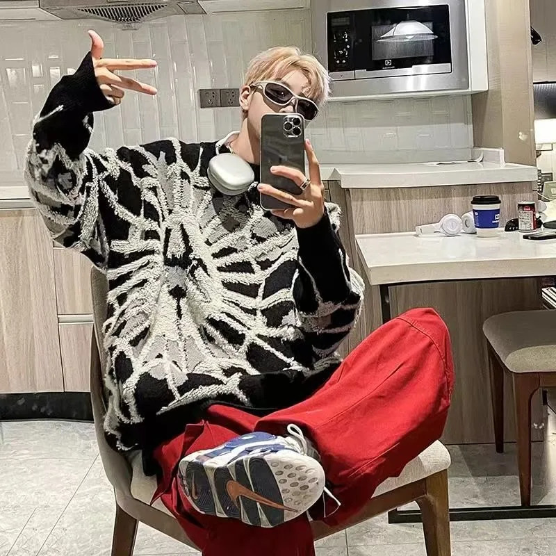 Y2K fashion High street spider jacquard men knitted sweater American autumn and winter Goth Harajuku pullover trendy sportswear 251023